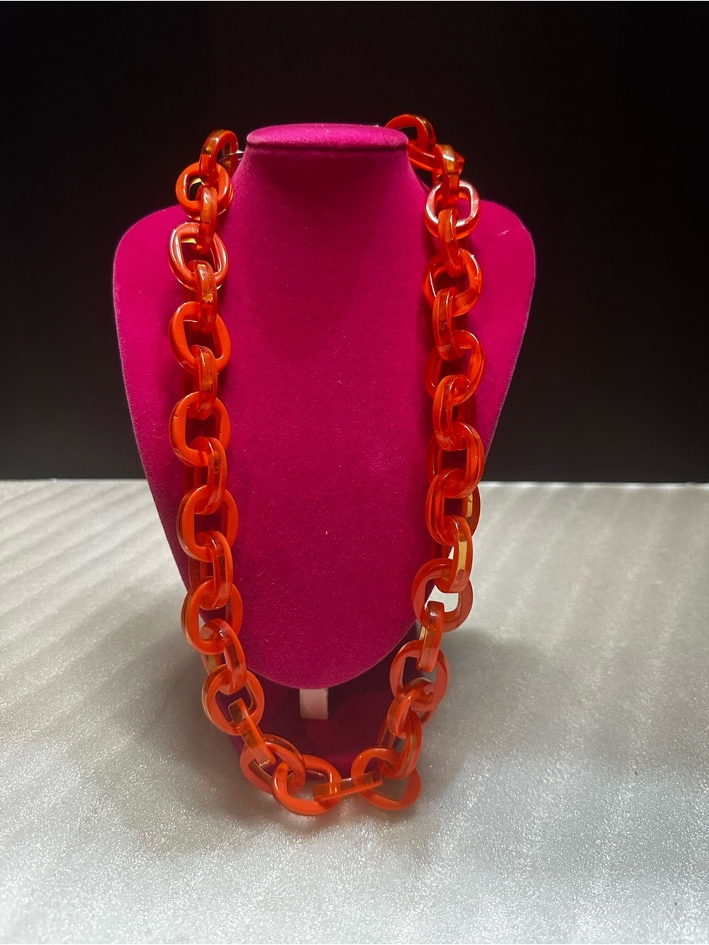 Vintage Ali-Khan Chunky Orange Lucite Acrylic Link Statement Necklace 32”
